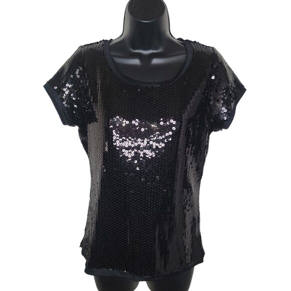 August Silk Knits black sequin top blouse size Medium - Picture 1 of 7